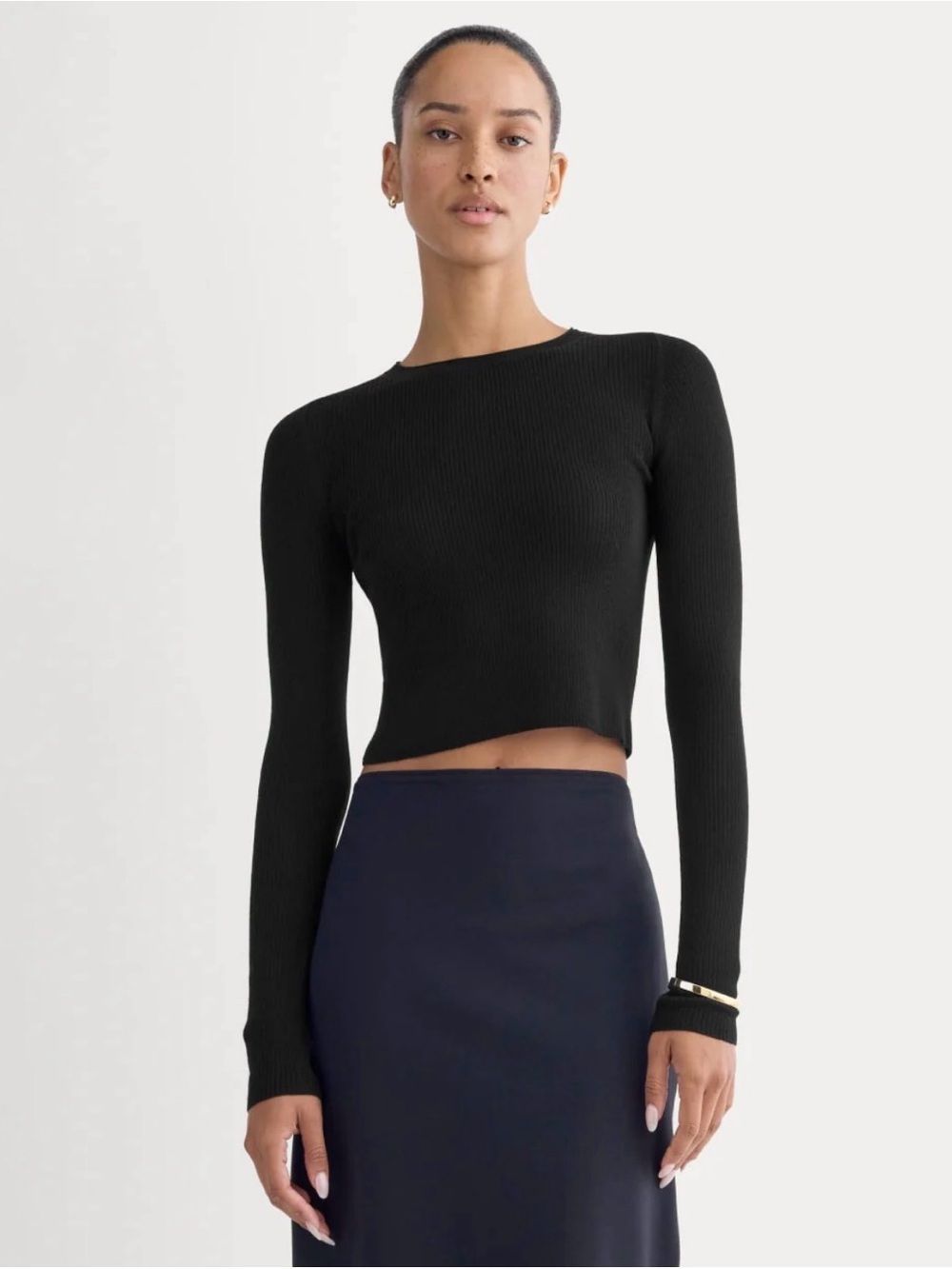 New Everlane The Cropped Crew Top In Ultrafine Merino Black Size M